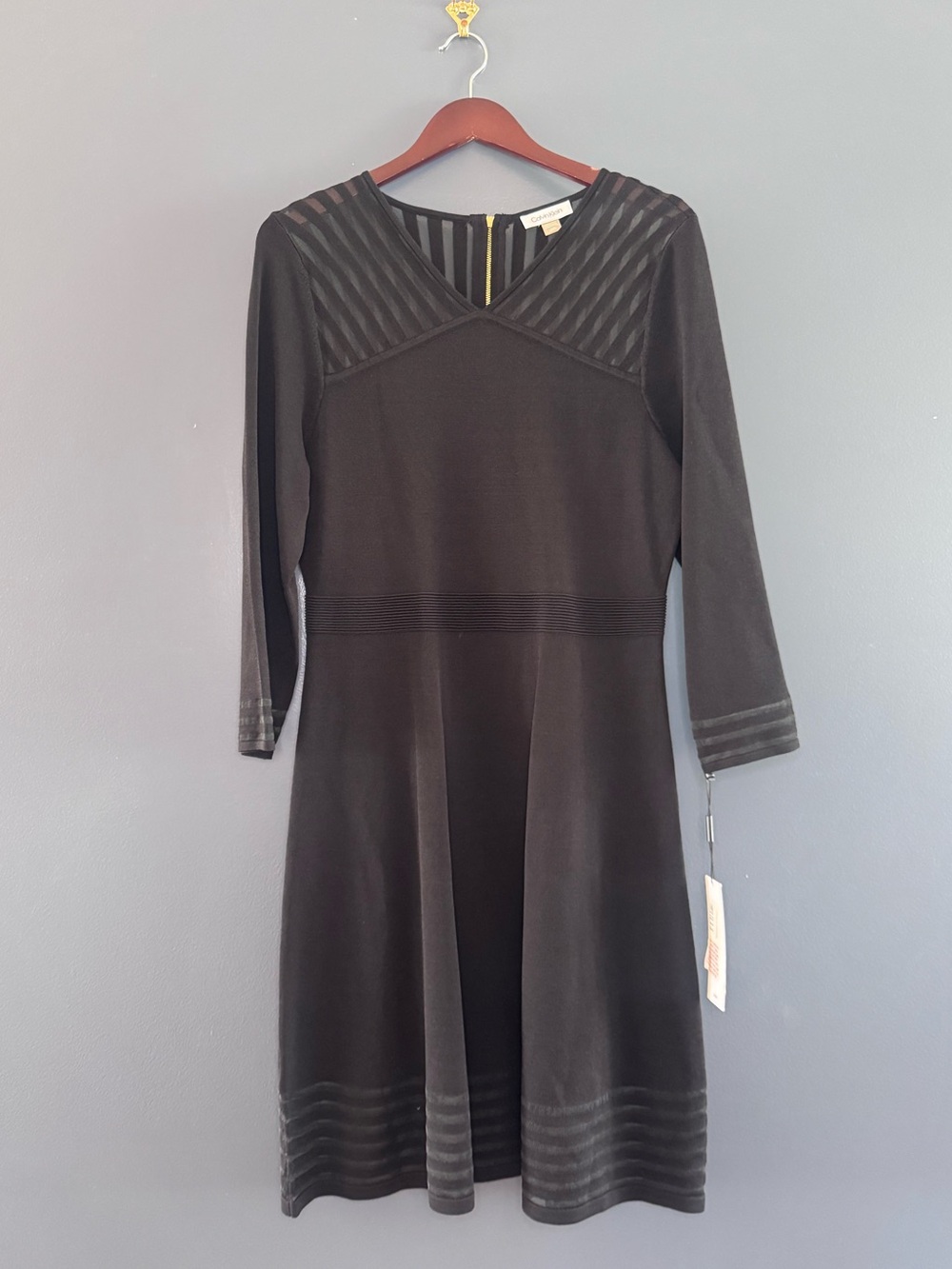 Woman Calvin Klein Black Sheer A-line Dress Large Lg Cocktail dinner Slimming